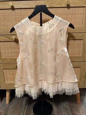 MARBLE Blush Pink Embroidered Chiffon Ruffle Hem Sleeveless Top